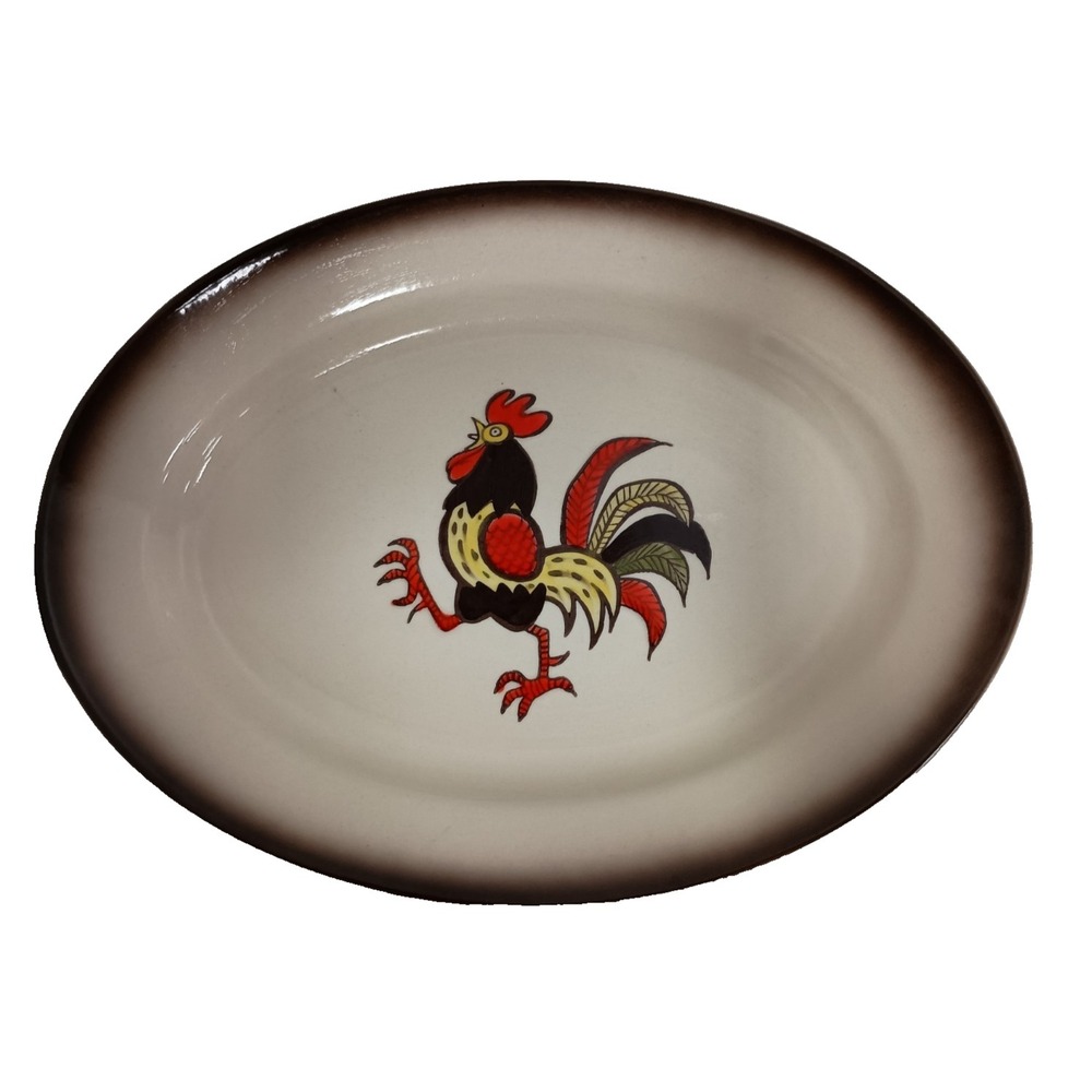 VTG Poppytrail By Metlox Large‎ Oval Red Rooster Serving Platter W/ Brown Border